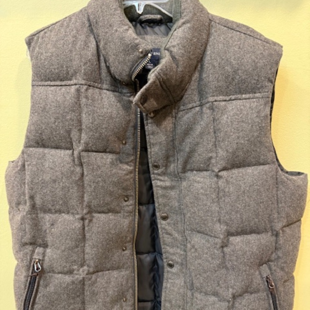 Lands End Puffer Vest Large Gray Wool Blend Down Filled Full Zip Snap